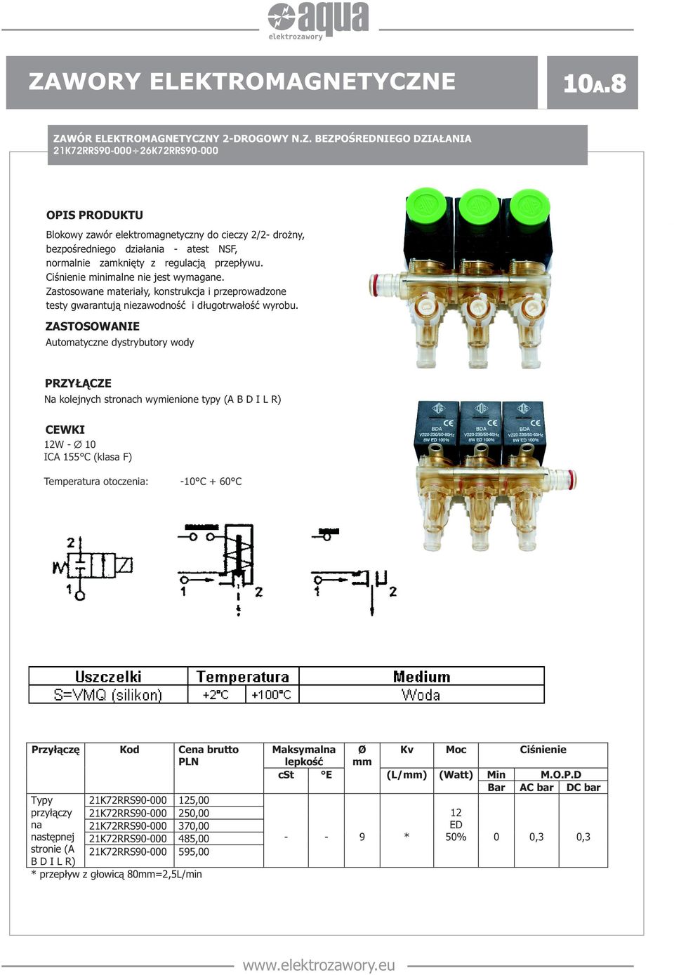 ZASTOSOWANIE Automatyczne dystrybutory wody PRZY CZE Na kolejnych stronach wymienione typy (A B D I L R) CEWKI 12W - Ø 10 ICA 155 C (klasa F) Temperatura otoczenia: -10 C + 60 C Przy³¹czê Kod Cena