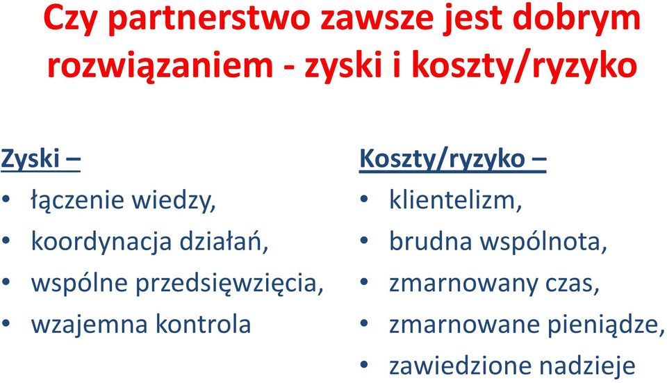 przedsięwzięcia, wzajemna kontrola Koszty/ryzyko klientelizm,