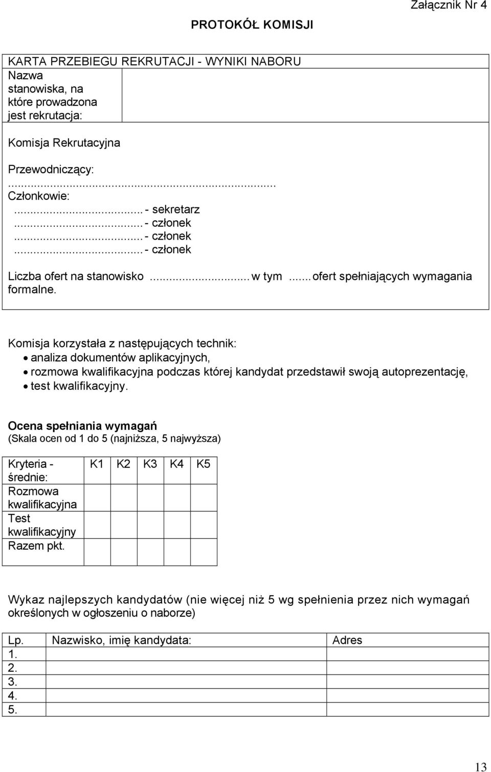 Komisja korzystała z następujących technik: analiza dokumentów aplikacyjnych, rozmowa kwalifikacyjna podczas której kandydat przedstawił swoją autoprezentację, test kwalifikacyjny.