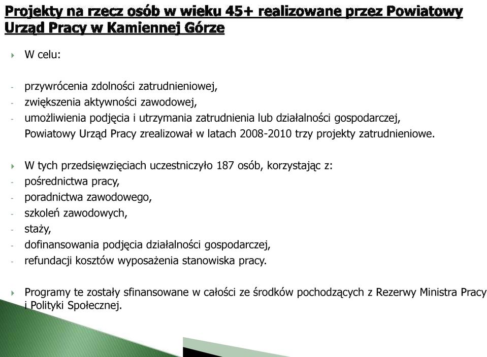 W tych przedsięwzięciach uczestniczyło 187 osób, korzystając z: - pośrednictwa pracy, - poradnictwa zawodowego, - szkoleń zawodowych, - staży, -