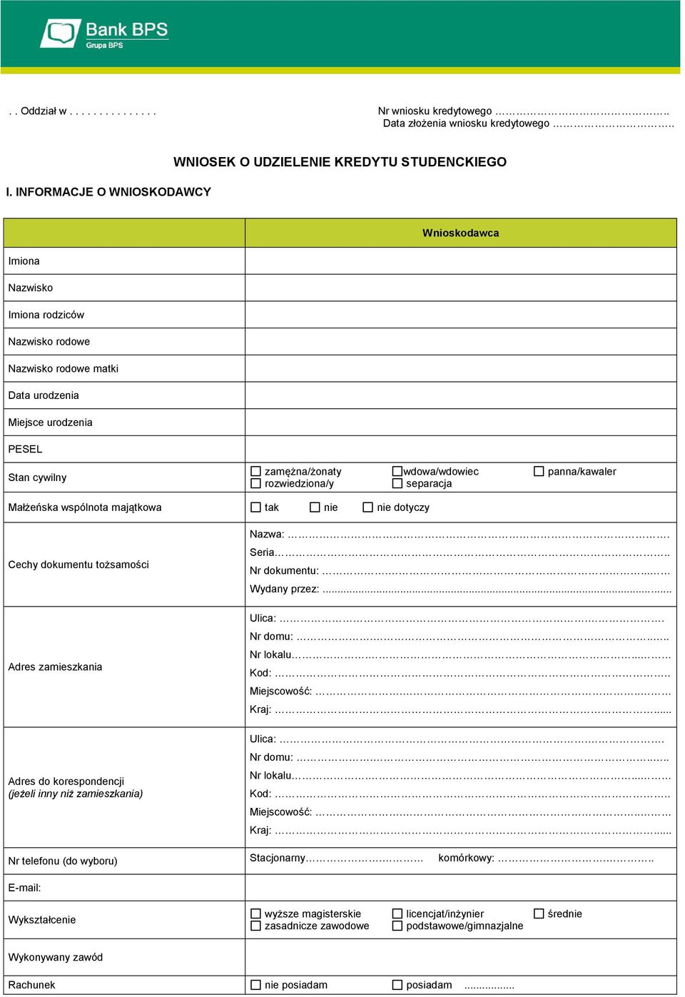 zamężna/żonaty wdowa/wdowiec panna/kawaler rozwiedziona/y separacja Małżeńska wspólnota majątkowa dotyczy Cechy dokumentu tożsamości Adres zamieszkania Adres do korespondencji (jeżeli inny niż