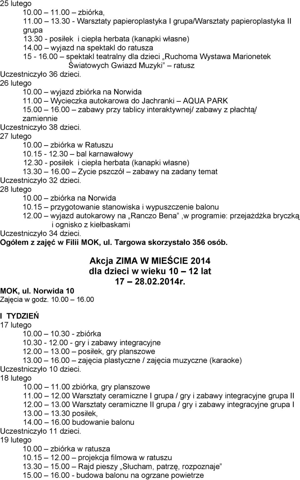 00 wyjazd zbiórka na Norwida 11.00 Wycieczka autokarowa do Jachranki AQUA PARK 15.00 16.00 zabawy przy tablicy interaktywnej/ zabawy z płachtą/ zamiennie Uczestniczyło 38 dzieci. 27 lutego 10.