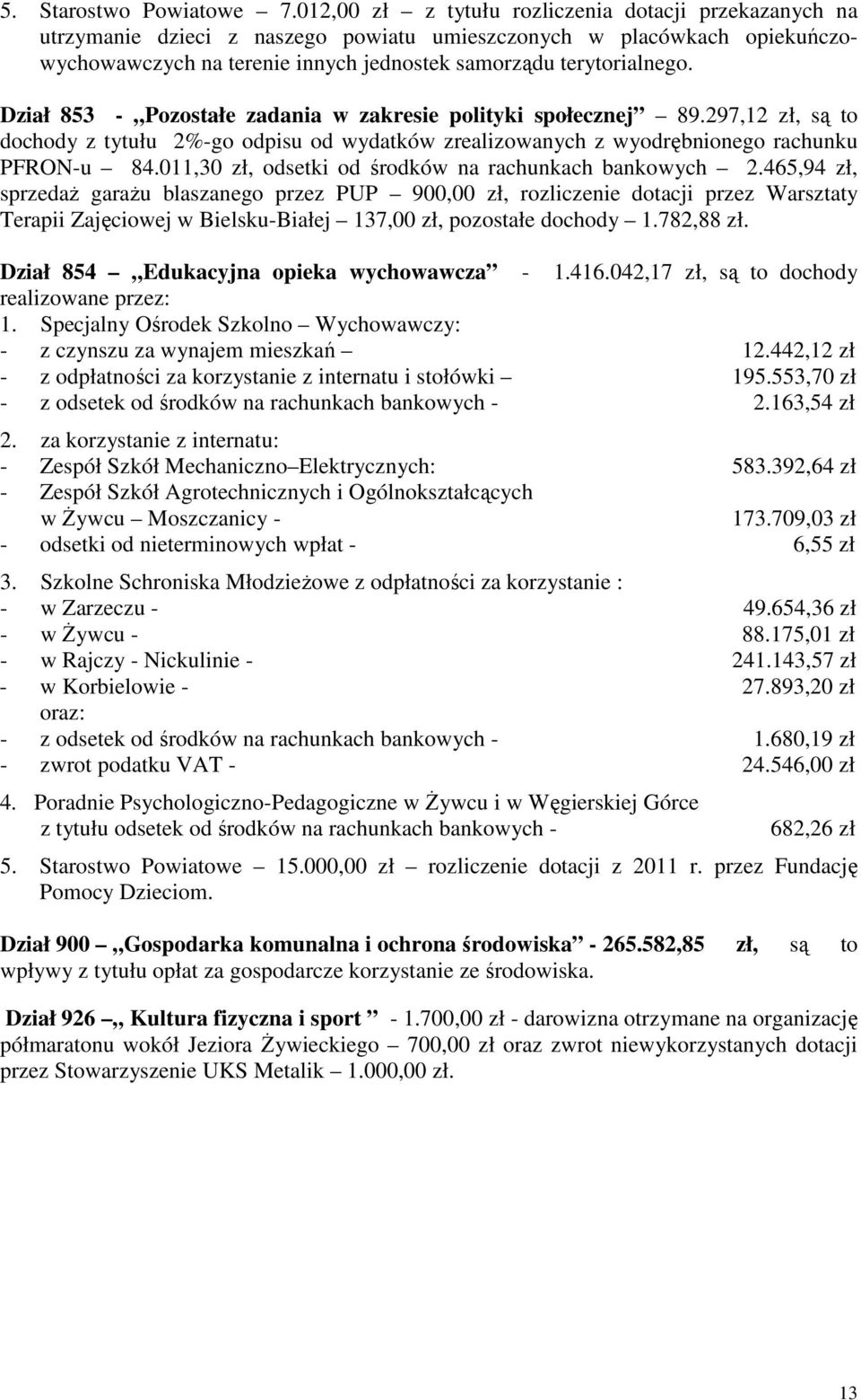 Dział 853 Pozostałe zadania w zakresie polityki społecznej 89.297,12 zł, są to dochody z tytułu 2%go odpisu od wydatków zrealizowanych z wyodrębnionego rachunku PFRONu 84.