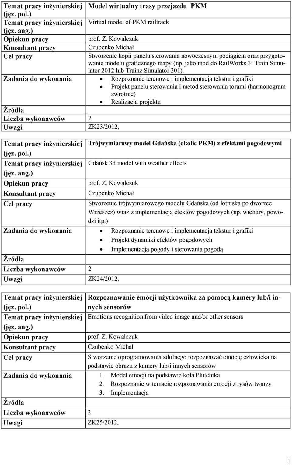 Rozpoznanie terenowe i implementacja tekstur i grafiki Projekt panelu sterowania i metod sterowania torami (harmonogram zwrotnic) Realizacja projektu Liczba wykonawców 2 ZK23/202, Temat pracy (jęz.