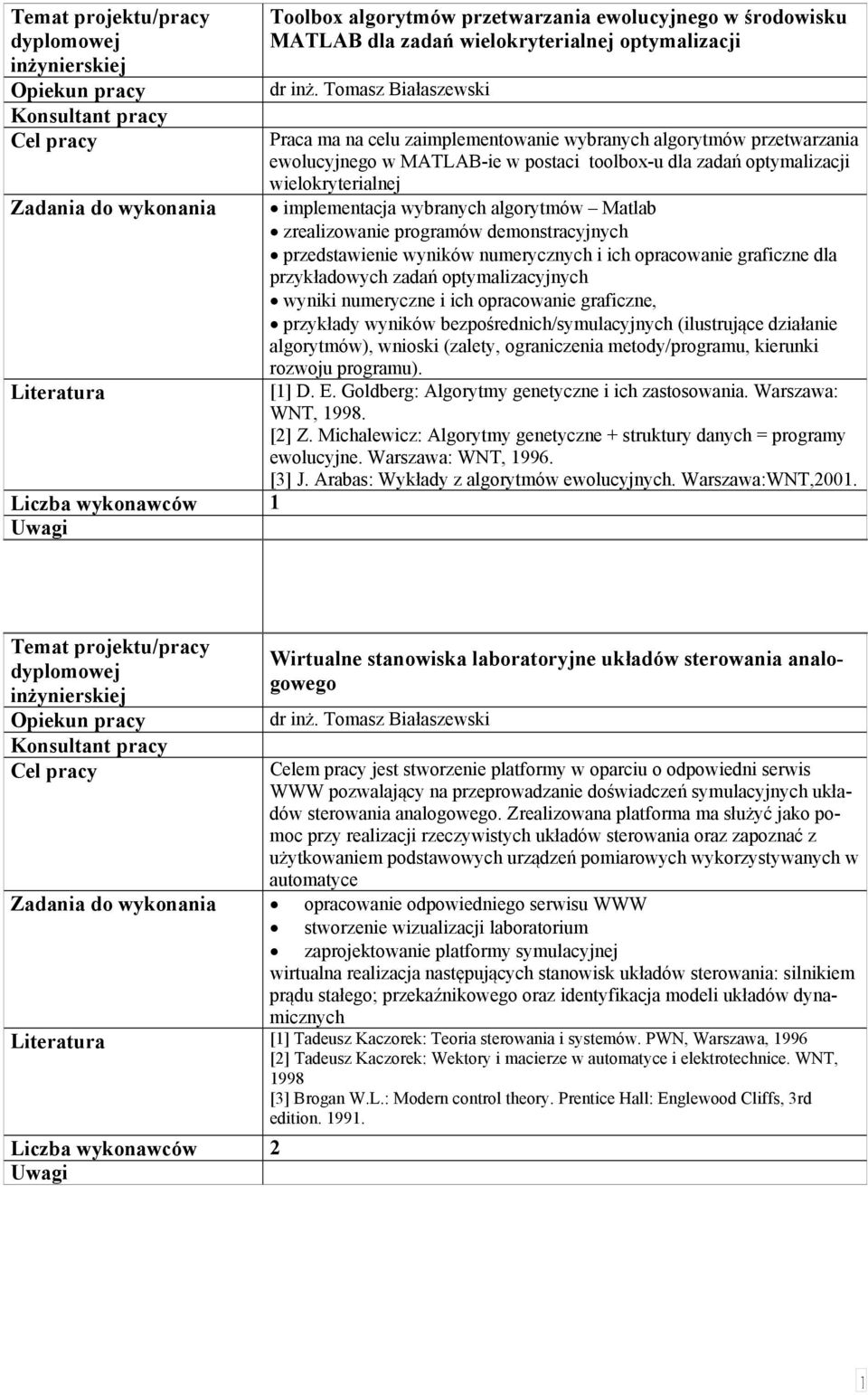 wybranych algorytmów Matlab zrealizowanie programów demonstracyjnych przedstawienie wyników numerycznych i ich opracowanie graficzne dla przykładowych zadań optymalizacyjnych wyniki numeryczne i ich