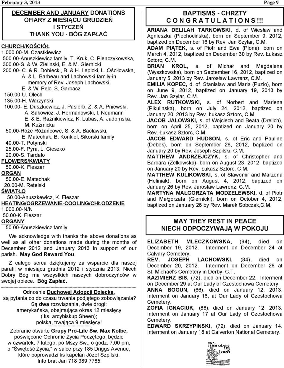 Garbacz 150.00-U. Olech 135.00-H. Warzynski 100.00- E. Duszkiewicz, J. Pasierb, Z. & A. Pniewski, A. Sakowicz, J. Hermanowski, I. Neumann E. & E. Raźnikiewicz, K. Lubas, A. Jadomska, M. Kuźmicka 50.