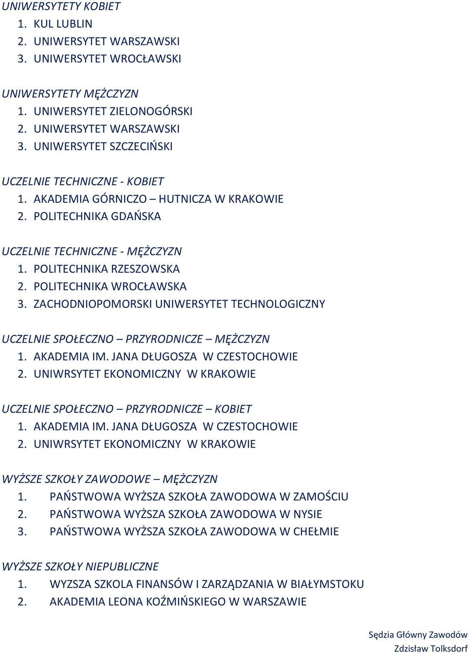 ZACHODNIOPOMORSKI UNIWERSYTET TECHNOLOGICZNY UCZELNIE SPOŁECZNO PRZYRODNICZE MĘŻCZYZN 1. AKADEMIA IM. JANA DŁUGOSZA W CZESTOCHOWIE.