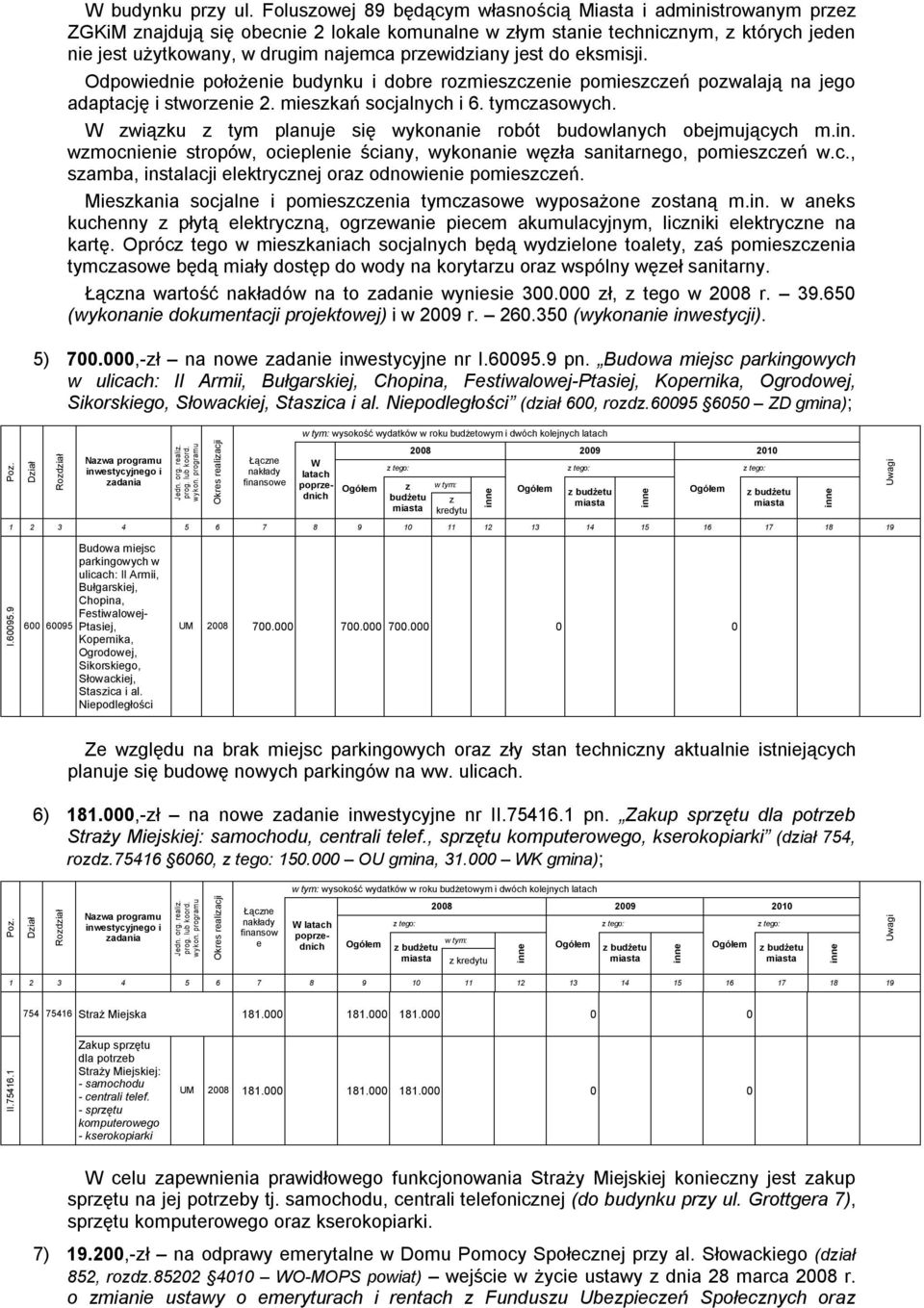 do eksmisji. Odpowiednie położenie budynku i dobre romiescenie pomiesceń powalają na jego adaptację i stworenie 2. mieskań socjalnych i 6. tymcasowych.