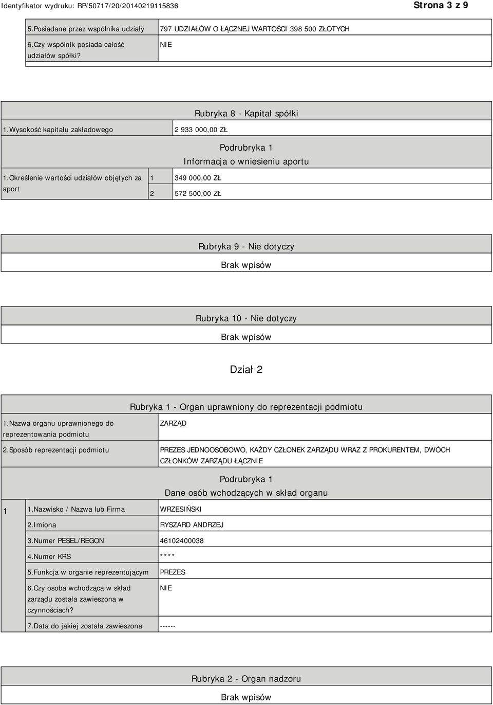 Określenie wartości udziałów objętych za aport 1 349 000,00 ZŁ 2 572 500,00 ZŁ Rubryka 9 - Nie dotyczy Rubryka 10 - Nie dotyczy Dział 2 Rubryka 1 - Organ uprawniony do reprezentacji podmiotu 1.