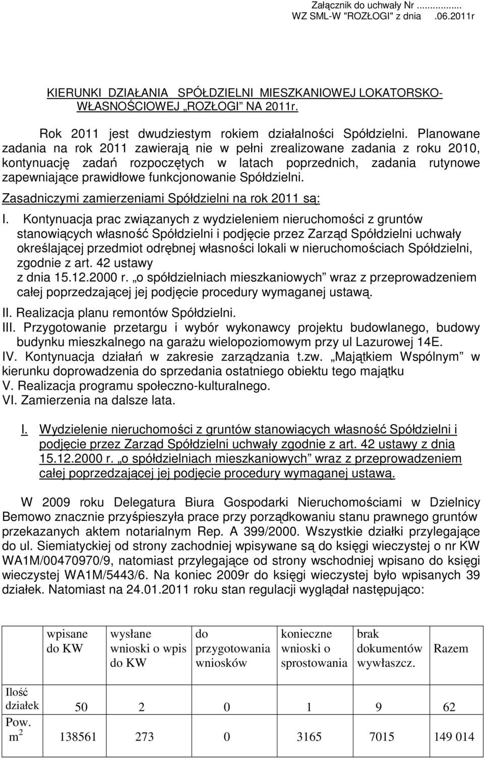 Planowane zadania na rok 2011 zawierają nie w pełni zrealizowane zadania z roku 2010, kontynuację zadań rozpoczętych w latach poprzednich, zadania rutynowe zapewniające prawidłowe funkcjonowanie