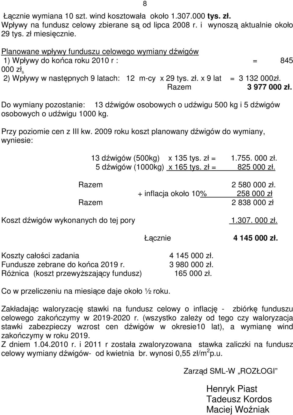 Do wymiany pozostanie: 13 dźwigów osobowych o udźwigu 500 kg i 5 dźwigów osobowych o udźwigu 1000 kg. Przy poziomie cen z III kw.