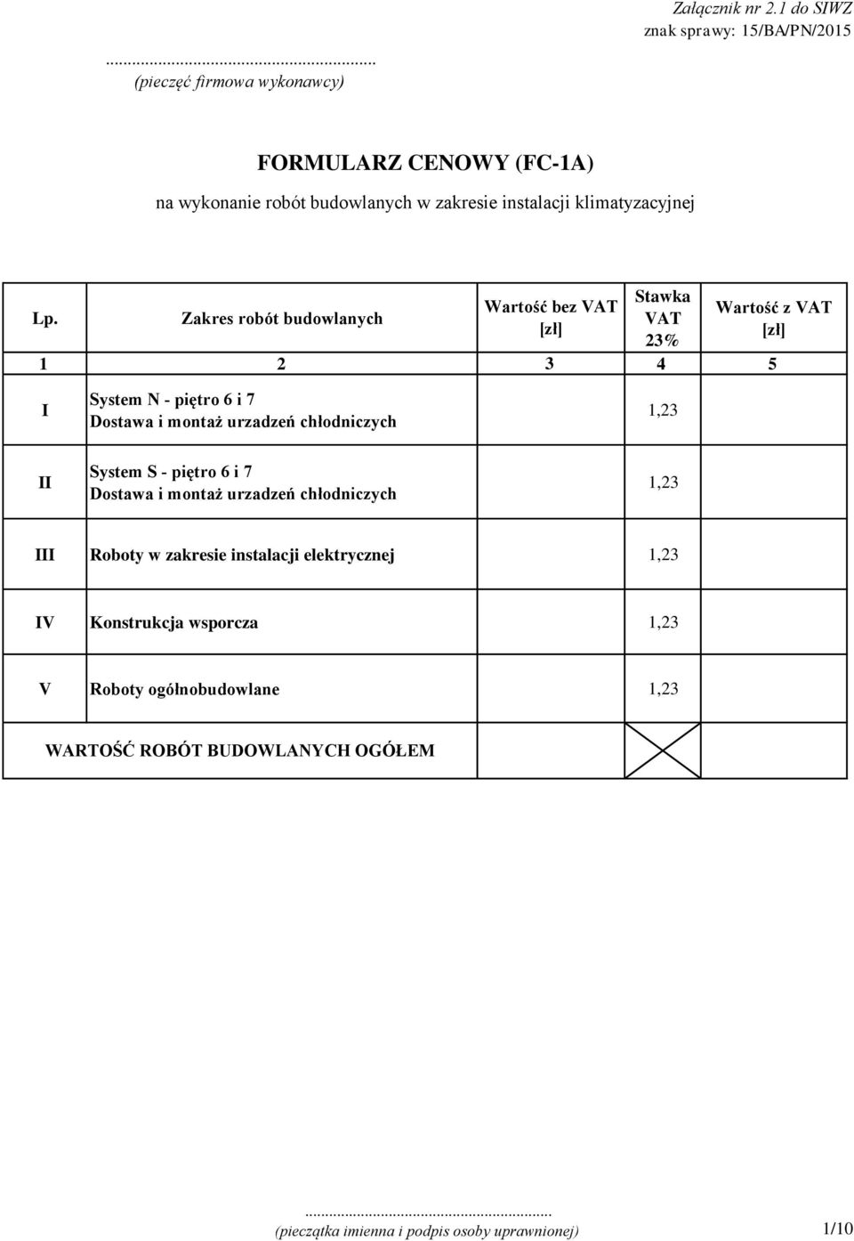 Stawka 23% Wartość z 1 2 3 4 5 I System N - piętro 6 i 7 Dostawa i montaż urzadzeń chłodniczych 1,23 II System S - piętro 6 i 7