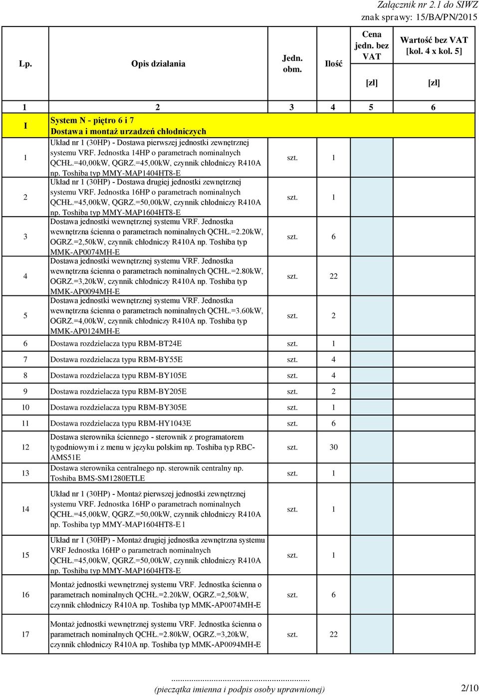 =45,00kW, QGRZ.=50,00kW, czynnik chłodniczy R410A np. Toshiba typ MMY-MAP1604HT8-E wewnętrzna ścienna o parametrach nominalnych QCHŁ.=2.20kW, OGRZ.=2,50kW, czynnik chłodniczy R410A np.