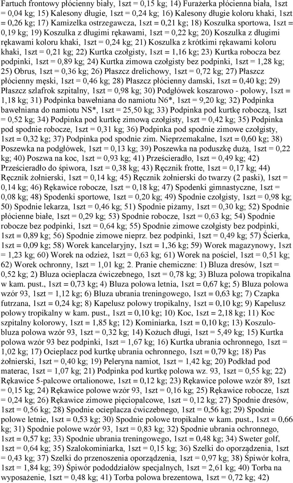 krótkimi rękawami koloru khaki, 1szt = 0,21 kg; 22) Kurtka czołgisty, 1szt = 1,16 kg; 23) Kurtka robocza bez podpinki, 1szt = 0,89 kg; 24) Kurtka zimowa czołgisty bez podpinki, 1szt = 1,28 kg; 25)