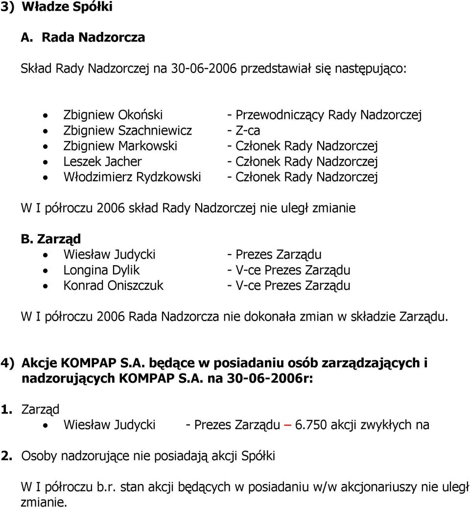 Nadzorczej Leszek Jacher - Członek Rady Nadzorczej Włodzimierz Rydzkowski - Członek Rady Nadzorczej W I półroczu 2006 skład Rady Nadzorczej nie uległ zmianie B.