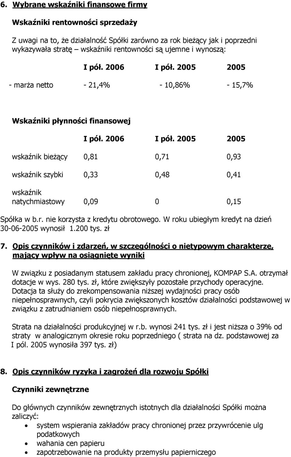 r. nie korzysta z kredytu obrotowego. W roku ubiegłym kredyt na dzień 30-06-2005 wynosił 1.200 tys. zł 7.