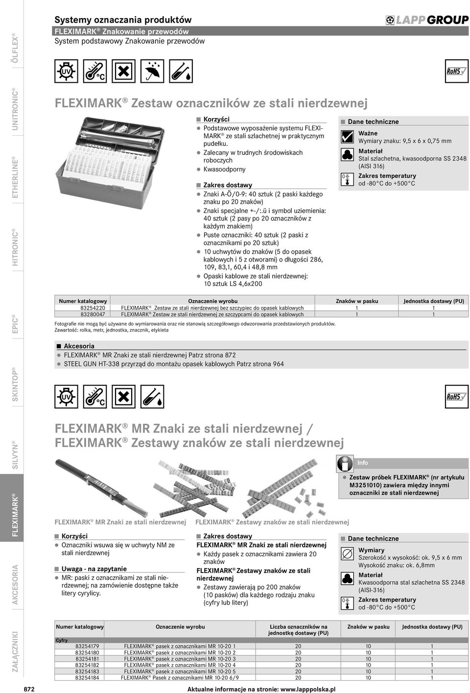 ü i symbol uziemienia: 40 sztuk (2 pasy po 20 oznaczników z każdym znakiem) Puste oznaczniki: 40 sztuk (2 paski z oznacznikami po 20 sztuk) 10 uchwytów do znaków (5 do opasek kablowych i 5 z