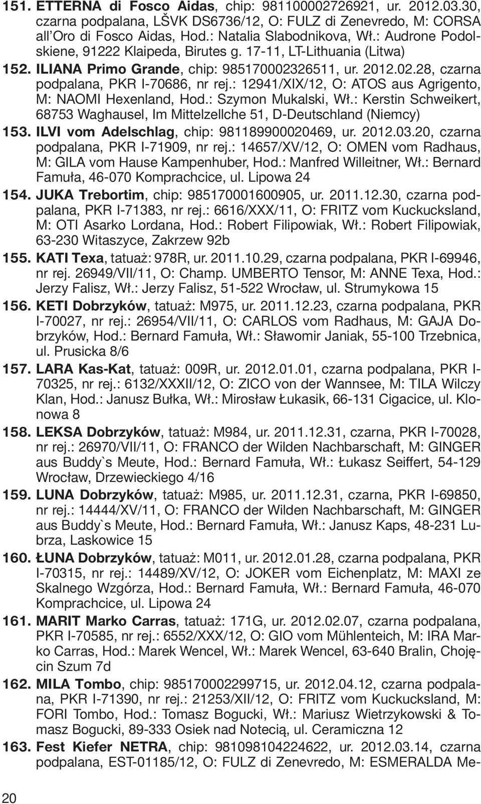 : 12941/XIX/12, O: ATOS aus Agrigento, M: NAOMI Hexenland, Hod.: Szymon Mukalski, Wł.: Kerstin Schweikert, 68753 Waghausel, Im Mittelzellche 51, D-Deutschland (Niemcy) 153.