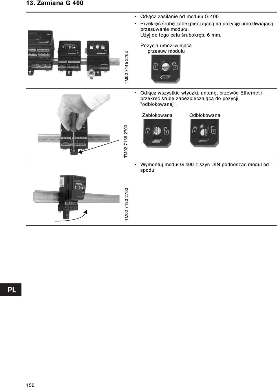 TM02 7145 2703 Pozycja umożliwiająca przesuw modułu Odłącz wszystkie wtyczki, antenę, przewód Ethernet i