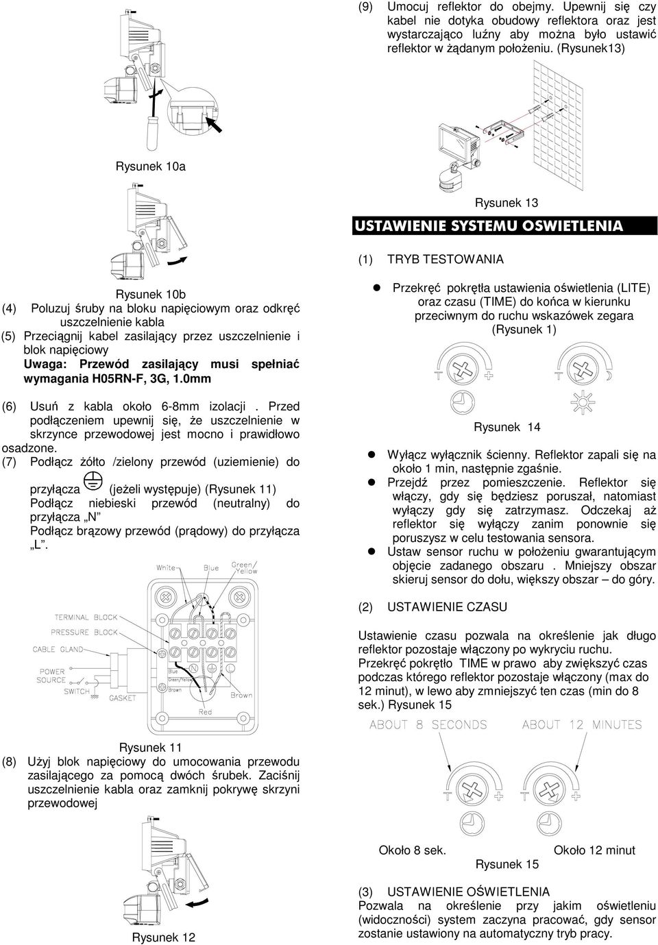 zasilający przez uszczelnienie i blok napięciowy Uwaga: Przewód zasilający musi spełniać wymagania H05RN-F, 3G, 1.0mm (6) Usuń z kabla około 6-8mm izolacji.