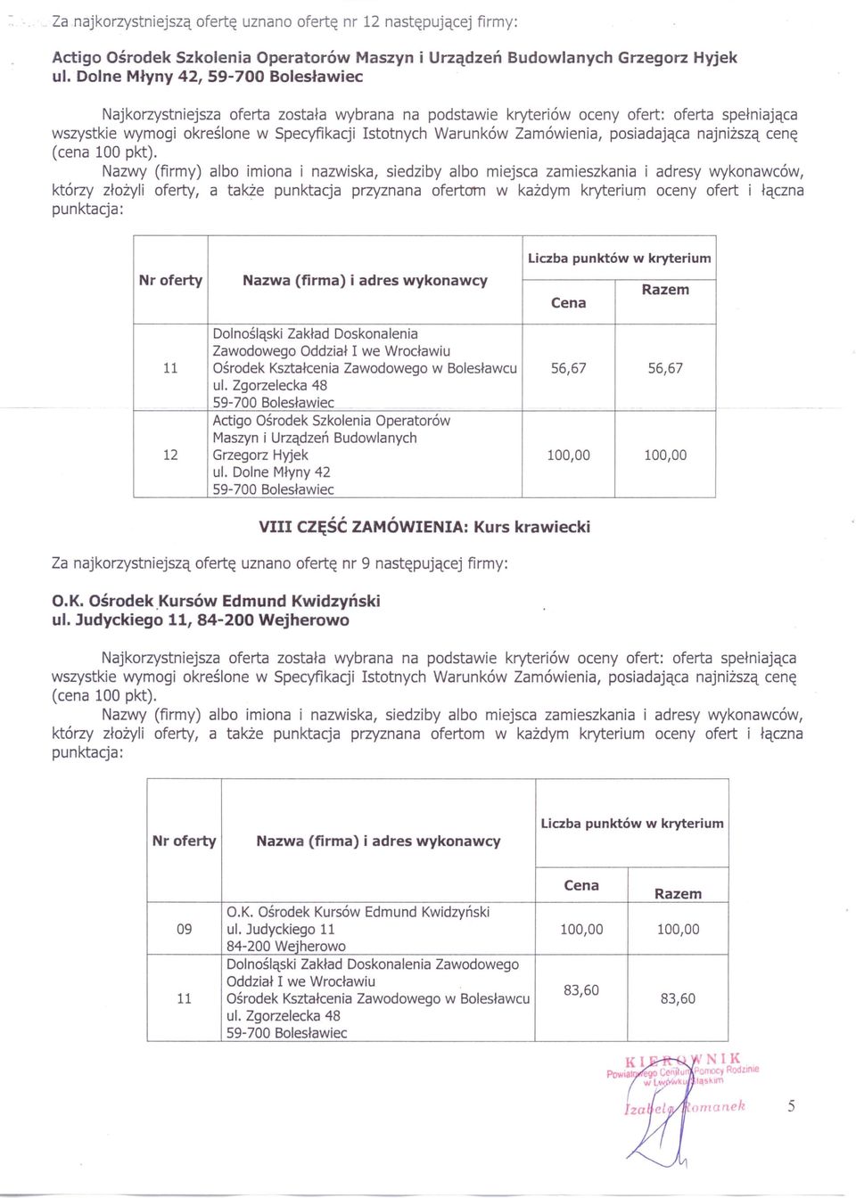 Dolne Młyny 42, 11 56,67 56,67 Actigo Ośrodek Szkolenia Operatorów Maszyn i Urządzeń Budowlanych 12 Grzegorz Hyjek 100,00