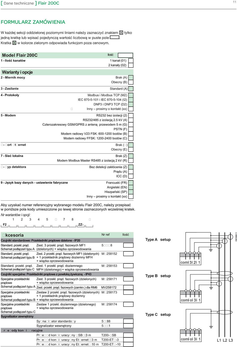 Model Flair 200C Warianty i opcje 2 - Miernik mocy Brak (A) Obecny (B) 3 - Zasilanie Standard (A) Modbus i Modbus TCP (M2) IEC 870-5-101 i IEC 870-5-104 (I2) DNP3 i DNP3 TCP (D2) Inny prosimy o