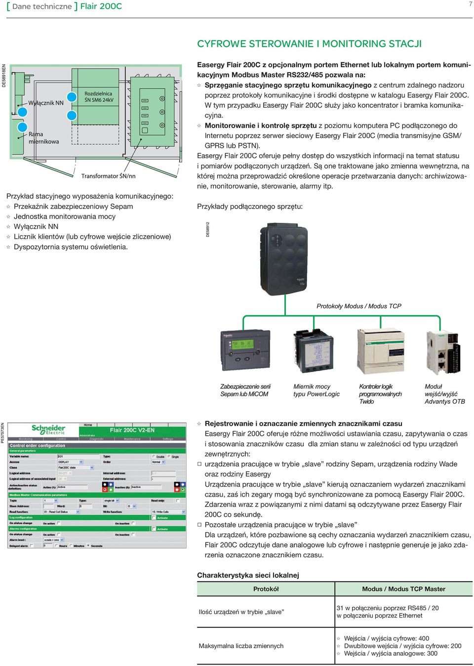 Easergy Flair 200C z opcjonalnym portem Ethernet lub lokalnym portem komunikacyjnym Modbus Master RS232/485 pozwala na: Sprzęganie stacyjnego sprzętu komunikacyjnego z centrum zdalnego nadzoru