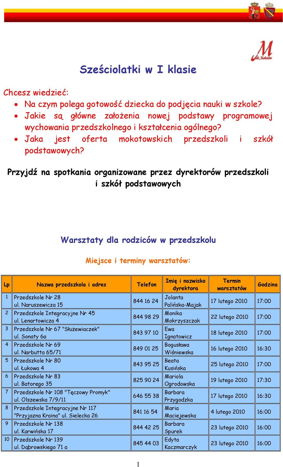 Przyjdź na spotkania organizowane przez dyrektorów przedszkoli i szkół podstawowych Warsztaty dla rodziców w przedszkolu Miejsce i terminy warsztatów: Lp Nazwa przedszkola i adres Telefon 1