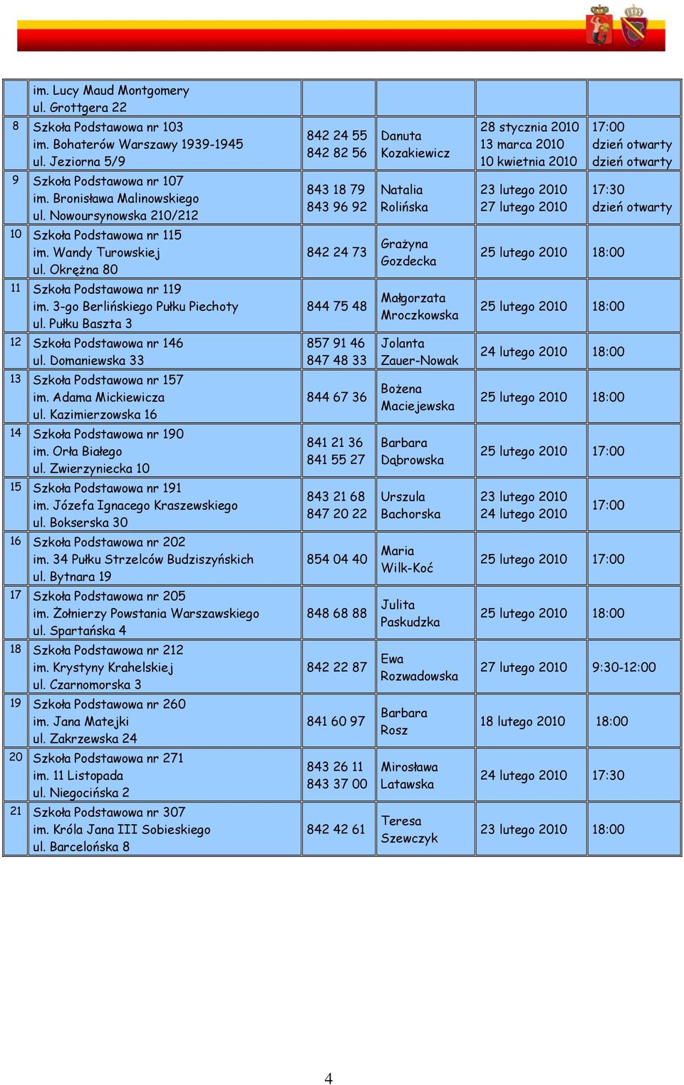 Pułku Baszta 3 12 Szkoła Podstawowa nr 146 ul. Domaniewska 33 13 Szkoła Podstawowa nr 157 im. Adama Mickiewicza ul. Kazimierzowska 16 14 Szkoła Podstawowa nr 190 im. Orła Białego ul.