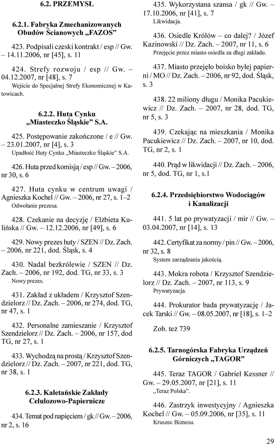 3 Upad³oœæ Huty Cynku Miasteczko Œl¹skie S.A. 426. Huta przed komisj¹ / esp // Gw. 2006, nr 30, s. 6 427. Huta cynku w centrum uwagi / Agnieszka Kochel // Gw. 2006, nr 27, s. 1 2 Odwo³anie prezesa.