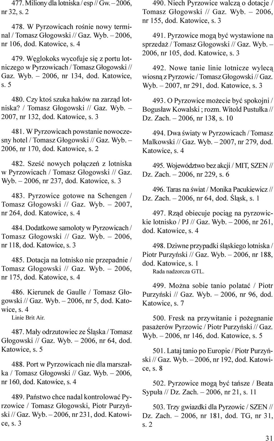 Katowice, s. 3 481. W Pyrzowicach powstanie nowoczesny hotel / Tomasz G³ogowski // Gaz. Wyb. 2006, nr 170, dod. Katowice, s. 2 482.