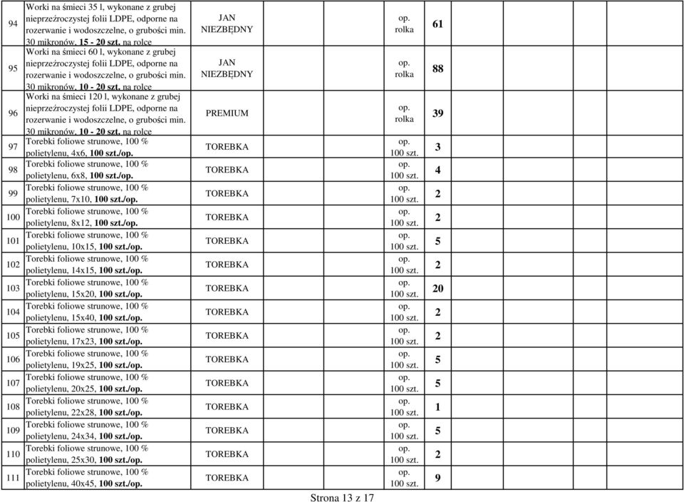 na rolce Worki na śmieci 10 l, wykonane z grubej nieprzeźroczystej folii LDPE, odporne na rozerwanie i wodoszczelne, o grubości min. 30 mikronów, 10-0 szt.