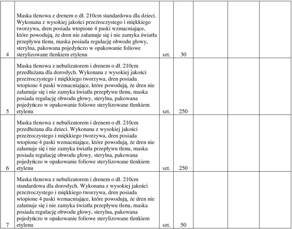 posiada regulację obwodu głowy, sterylna, pakowana pojedyńczo w opakowanie foliowe sterylizowane tlenkiem etylenu szt. 30 Maska tlenowa z nebulizatorem i drenem o dł. 210cm przedłużana dla dorosłych.