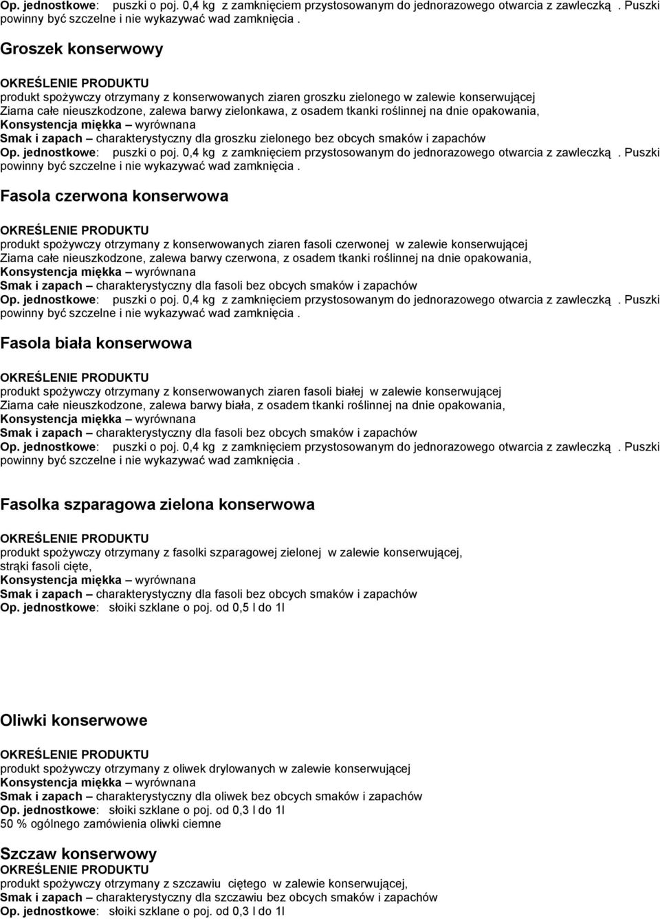 opakowania, Konsystencja miękka wyrównana Smak i zapach charakterystyczny dla groszku zielonego bez obcych smaków i zapachów  Fasola czerwona konserwowa produkt spożywczy otrzymany z konserwowanych