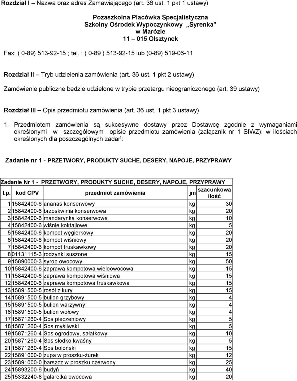 ; ( 0-89 ) 513-92-15 lub (0-89) 519-06-11 Rozdział II Tryb udzielenia zamówienia (art. 36 ust. 1 pkt 2 ustawy) Zamówienie publiczne będzie udzielone w trybie przetargu nieograniczonego (art.