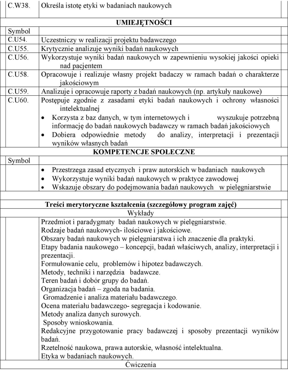 wysokiej jakości opieki nad pacjentem Opracowuje i realizuje własny projekt badaczy w ramach badań o charakterze jakościowym Analizuje i opracowuje raporty z badań naukowych (np.