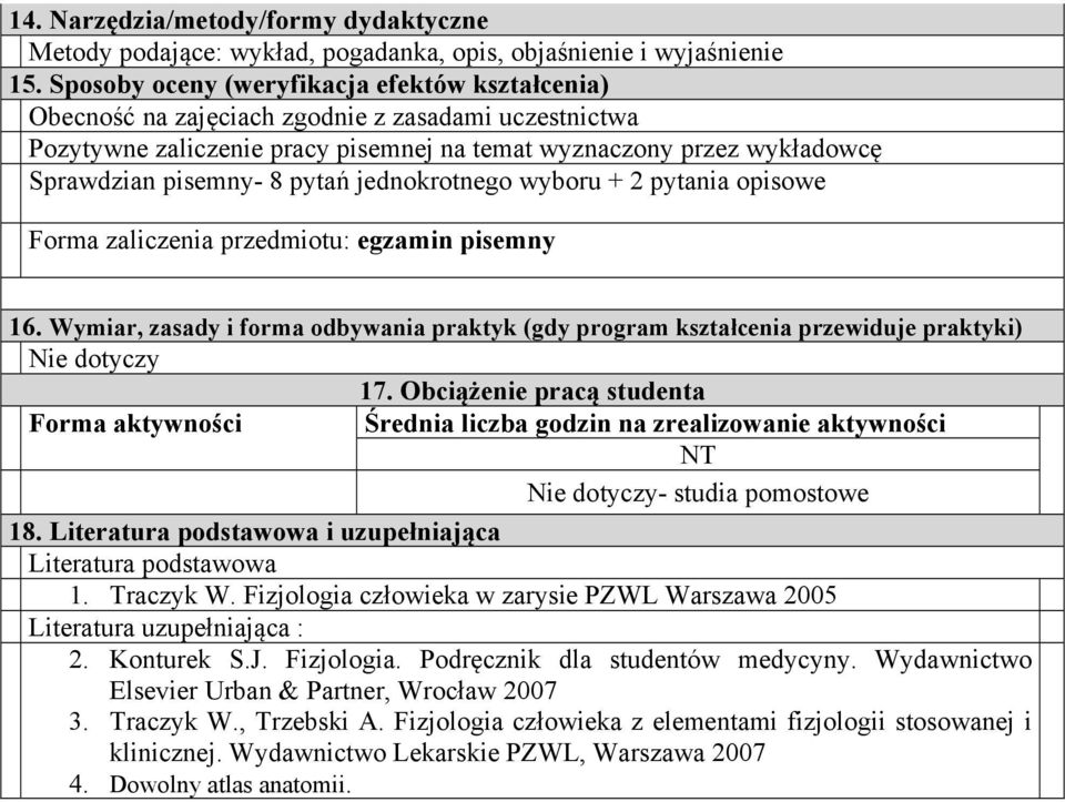 pytań jednokrotnego wyboru + 2 pytania opisowe Forma zaliczenia przedmiotu: egzamin pisemny 16. Wymiar, zasady i forma odbywania praktyk (gdy program kształcenia przewiduje praktyki) Nie dotyczy 17.