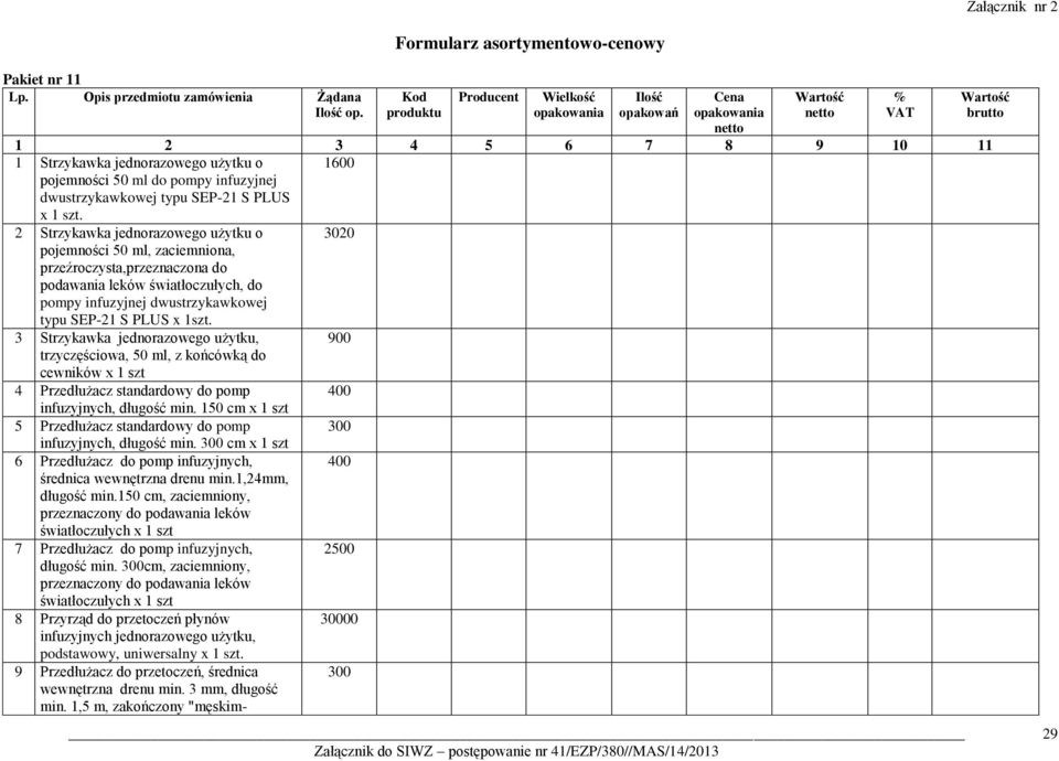 3 Strzykawka jednorazowego użytku, trzyczęściowa, 50 ml, z końcówką do cewników x 1 szt 4 Przedłużacz standardowy do pomp infuzyjnych, długość min.