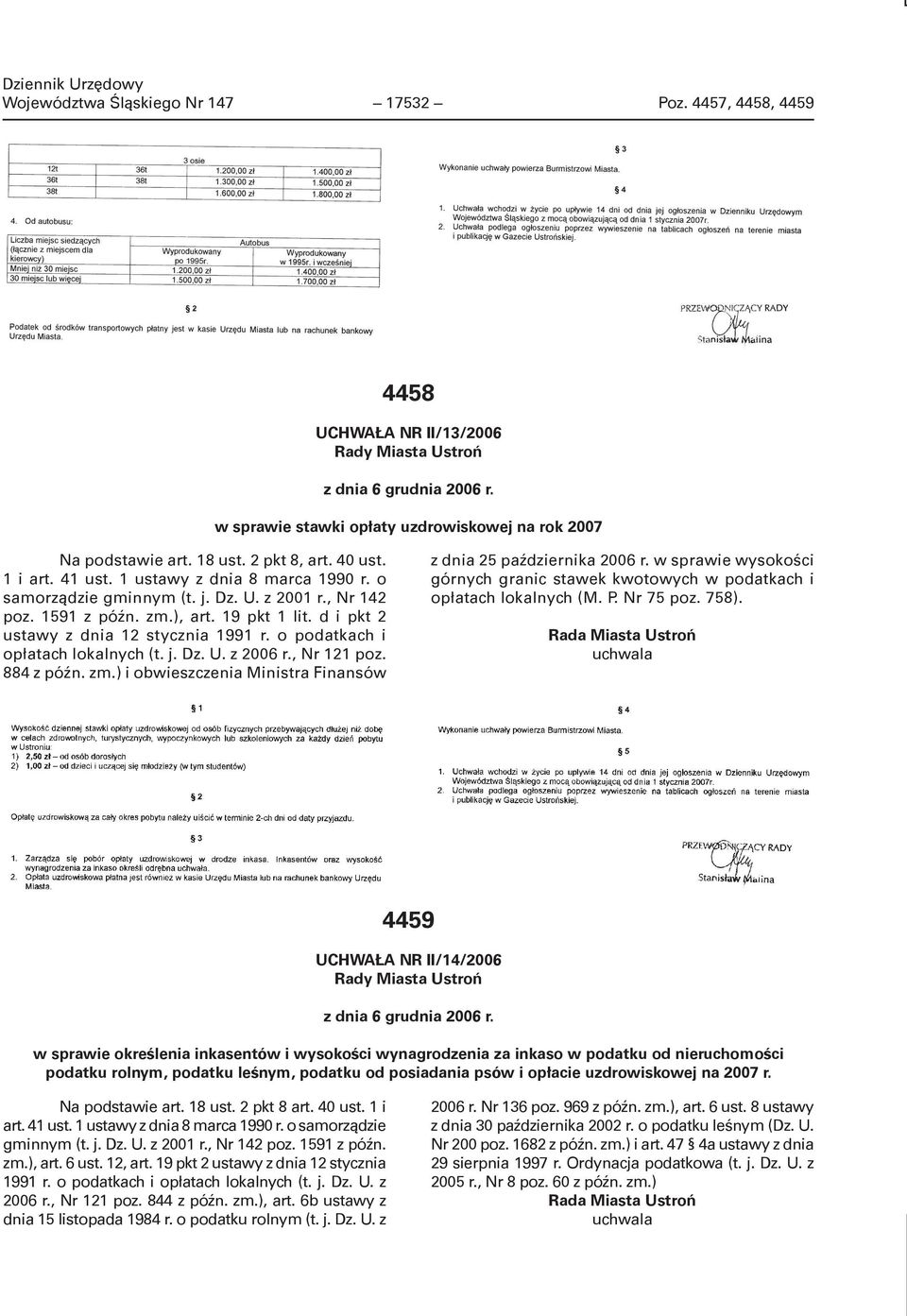 , Nr 121 poz. 884 z późn. zm.) i obwieszczenia Ministra Finansów z dnia 25 października 2006 r. w sprawie wysokości górnych granic stawek kwotowych w podatkach i opłatach lokalnych (M. P. Nr 75 poz.