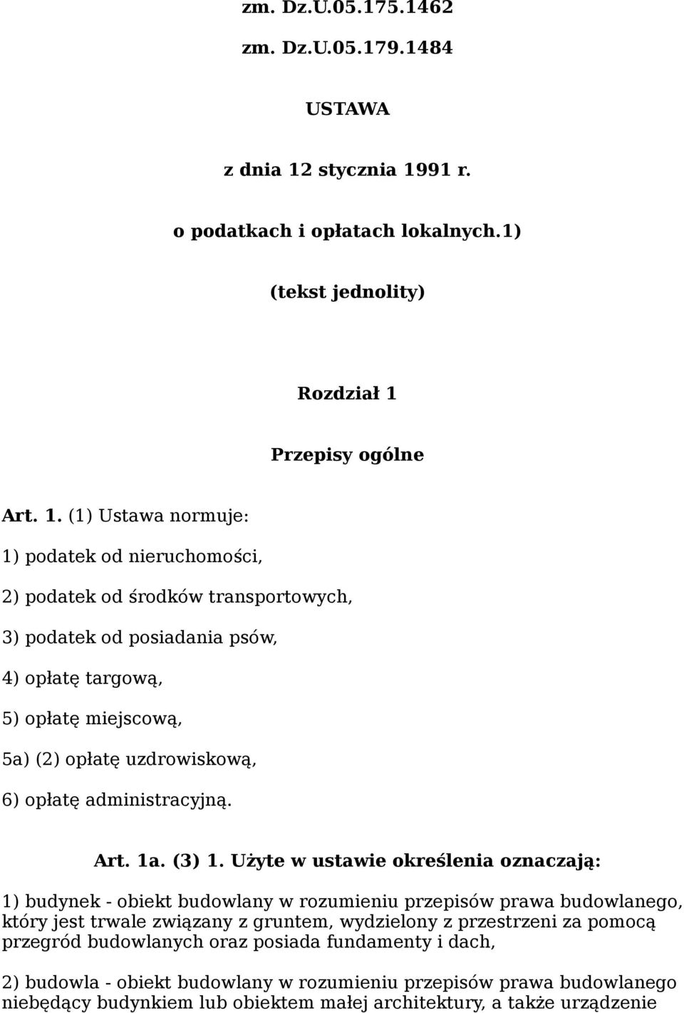 91 r. o podatkach i opłatach lokalnych.1) (tekst jednolity) Rozdział 1 