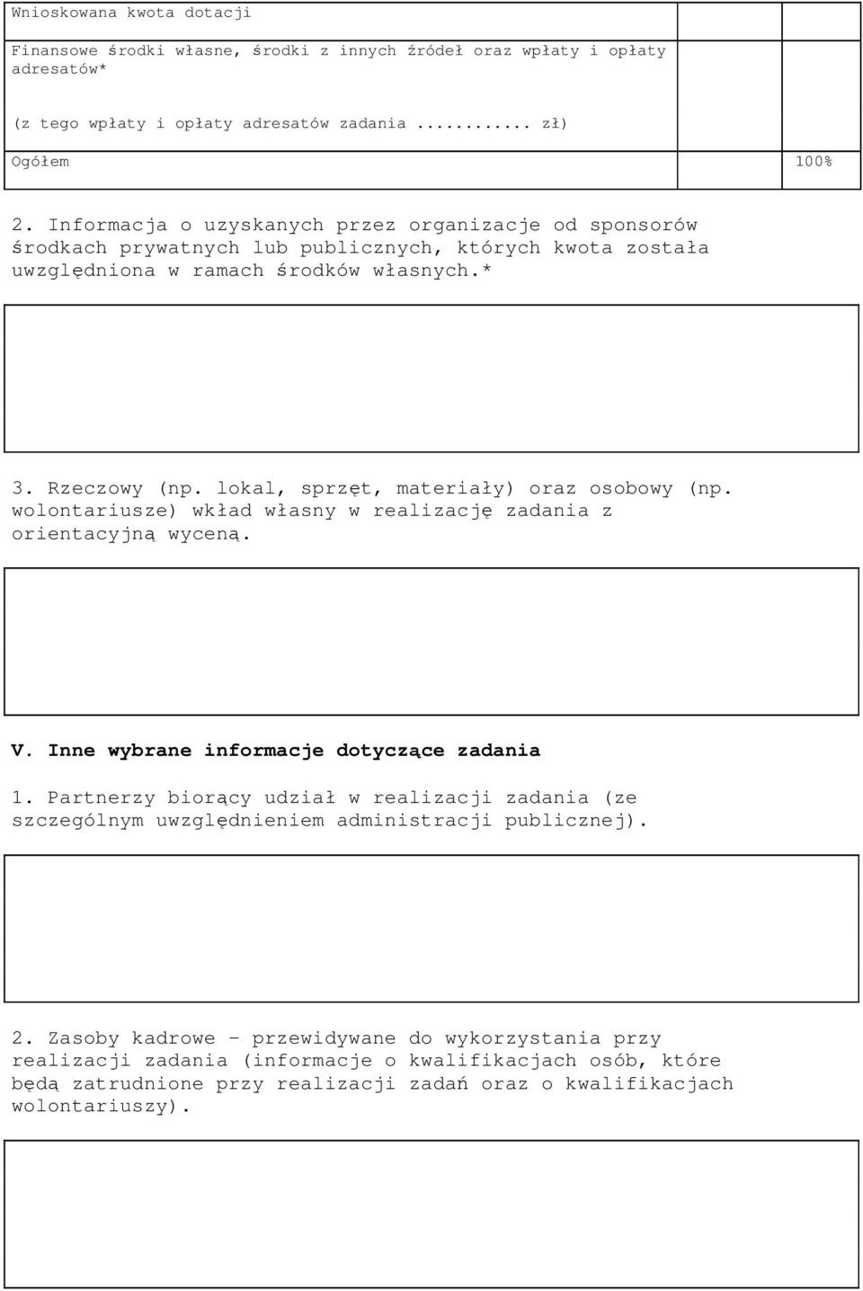 lokal, sprzęt, materiały) oraz osobowy (np. wolontariusze) wkład własny w realizację zadania z orientacyjną wyceną. V. Inne wybrane informacje dotyczące zadania 1.