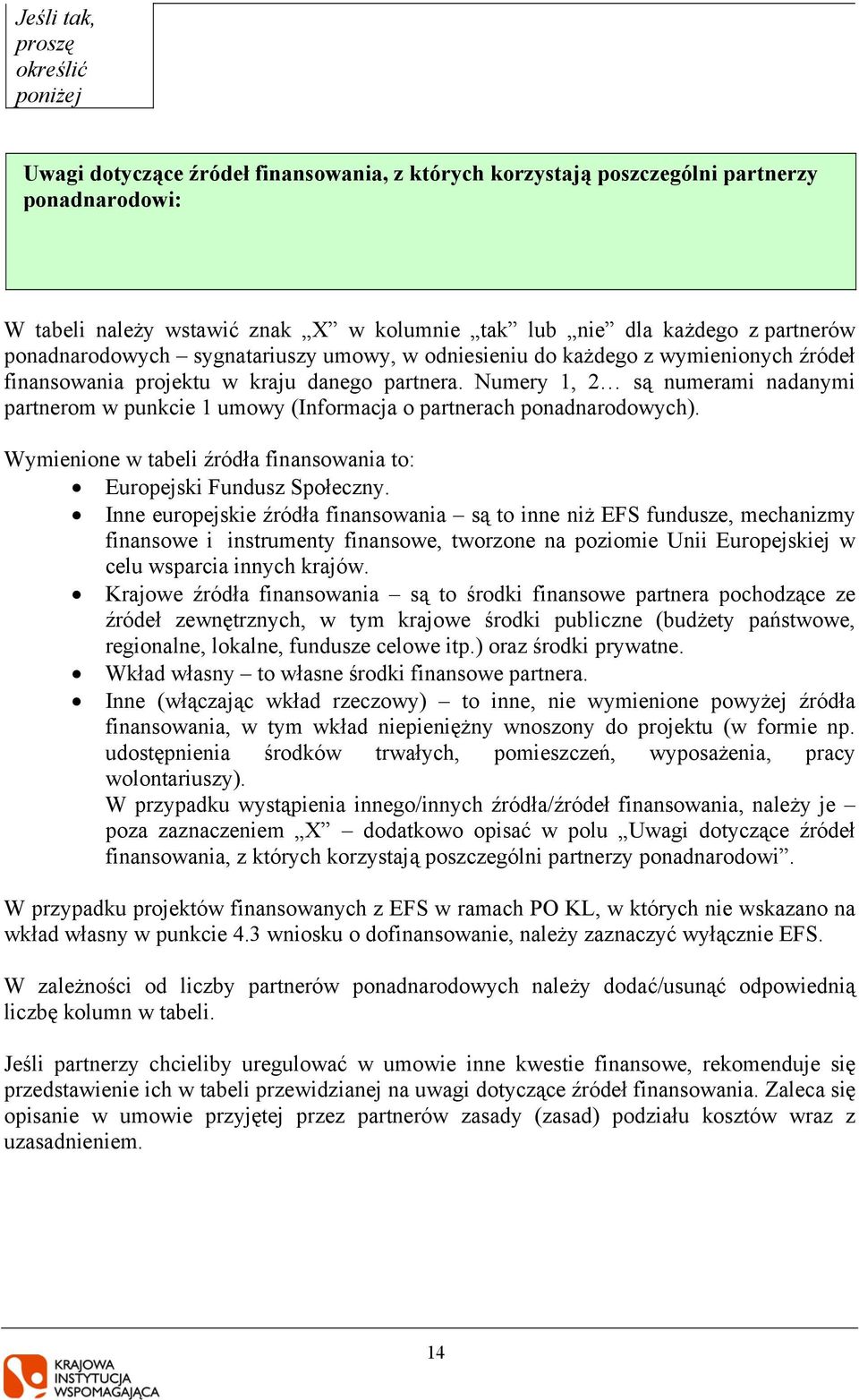 Numery 1, 2 są numerami nadanymi partnerom w punkcie 1 umowy (Informacja o partnerach ponadnarodowych). Wymienione w tabeli źródła finansowania to: Europejski Fundusz Społeczny.