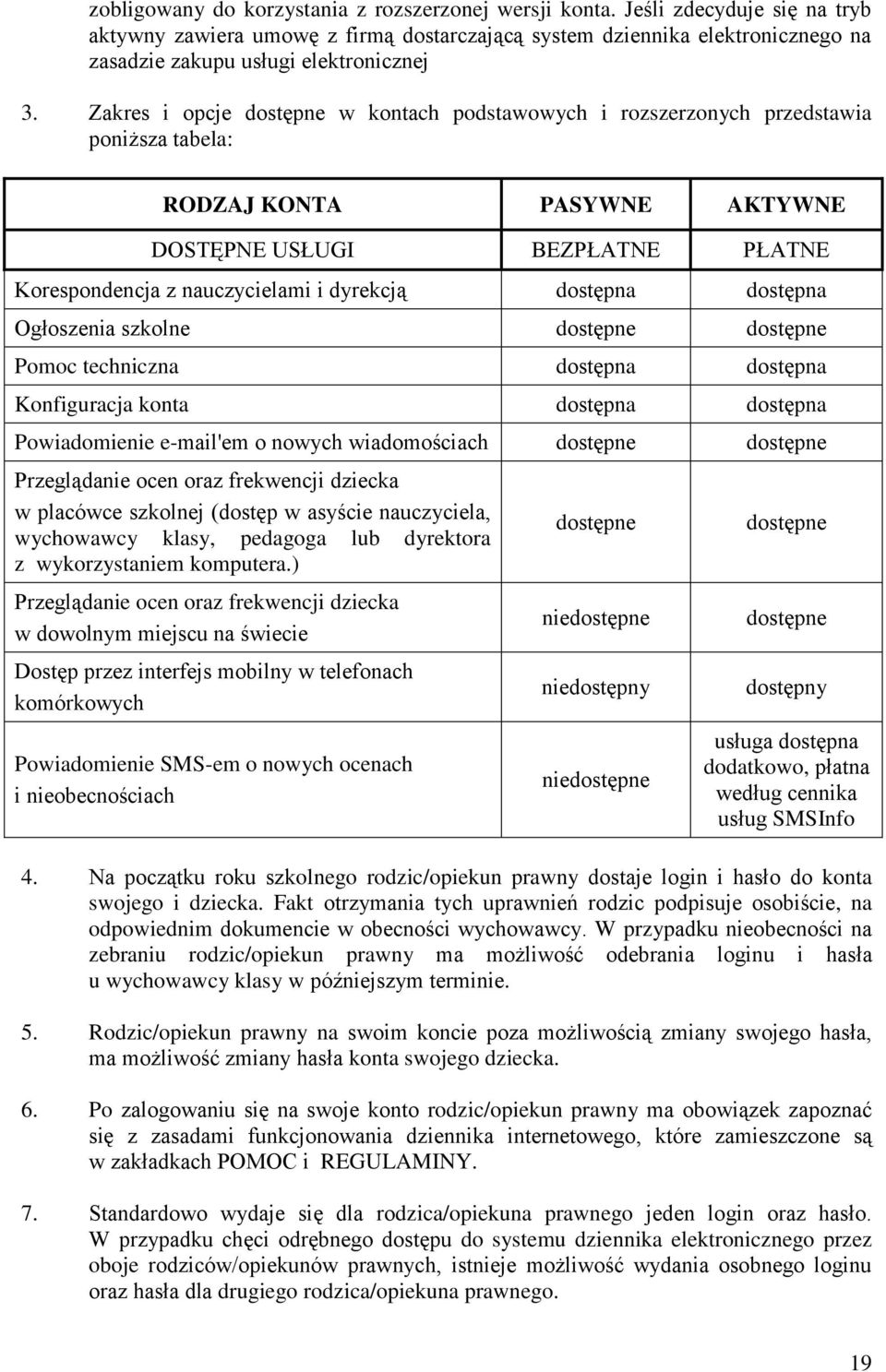 Zakres i opcje dostępne w kontach podstawowych i rozszerzonych przedstawia poniższa tabela: RODZAJ KONTA PASYWNE AKTYWNE DOSTĘPNE USŁUGI BEZPŁATNE PŁATNE Korespondencja z nauczycielami i dyrekcją