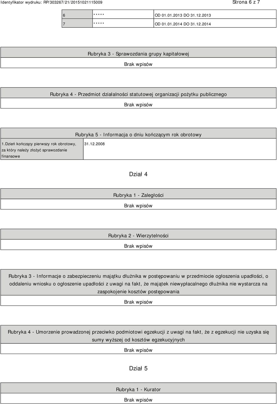 2014 Rubryka 3 - Sprawozdania grupy kapitałowej Rubryka 4 - Przedmiot działalności statutowej organizacji pożytku publicznego Rubryka 5 - Informacja o dniu kończącym rok obrotowy 1.