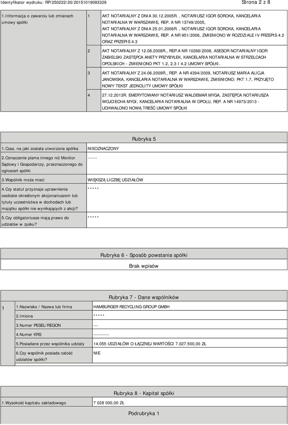 3 2 AKT NOTARIALNY Z 12.08.2008R., REP.A NR 10266/2008, ASESOR NOTARIALNY IGOR ZABIELSKI ZASTĘPCA ANETY PRZYBYŁEK, KANCELARIA NOTARIALNA W STRZELCACH OPOLSKICH - ZMIENIONO PKT 1.2, 2.3 I 4.