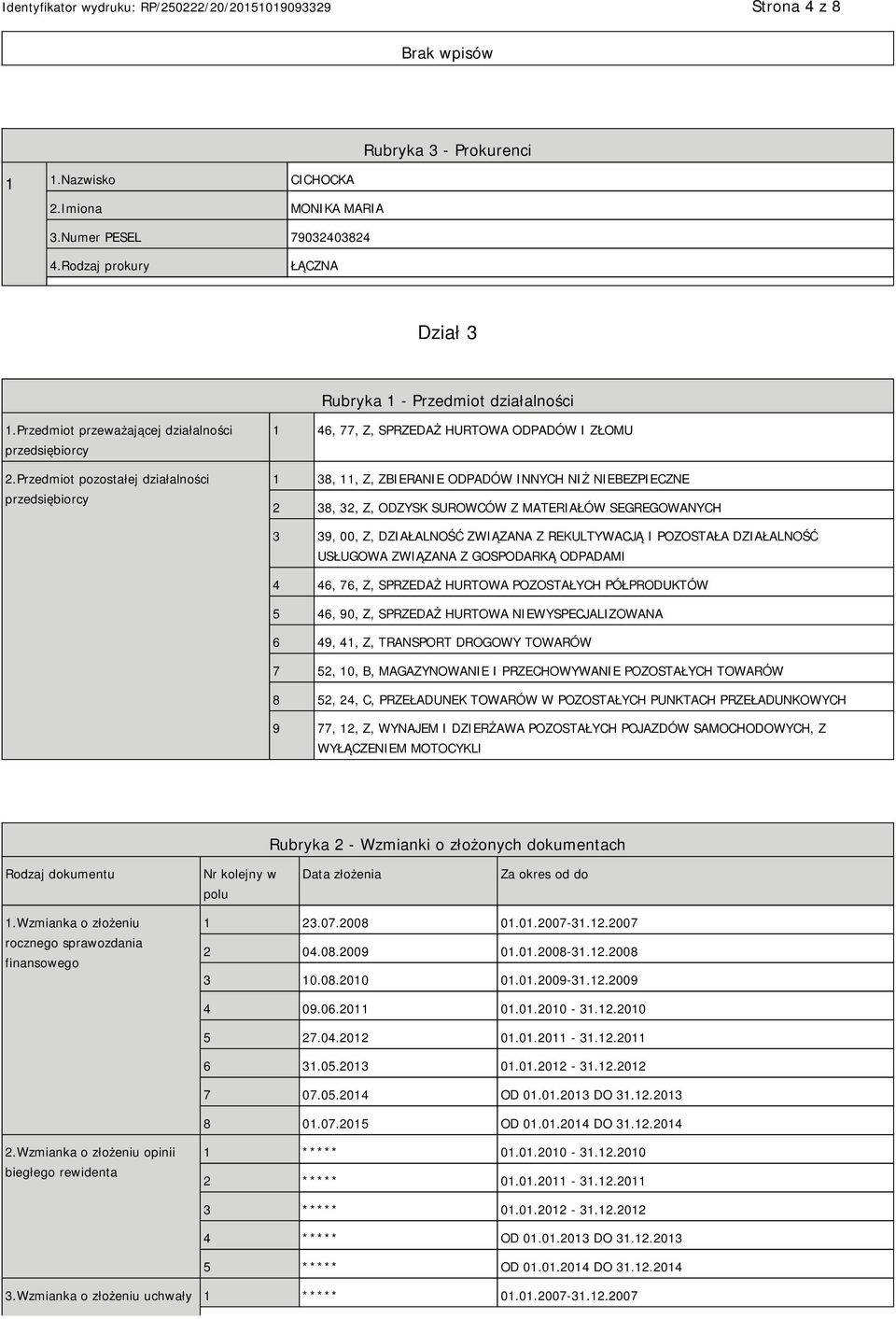 Przedmiot pozostałej działalności przedsiębiorcy 1 46, 77, Z, SPRZEDAŻ HURTOWA ODPADÓW I ZŁOMU 1 38, 11, Z, ZBIERA ODPADÓW INNYCH NIŻ BEZPIECZNE 2 38, 32, Z, ODZYSK SUROWCÓW Z MATERIAŁÓW