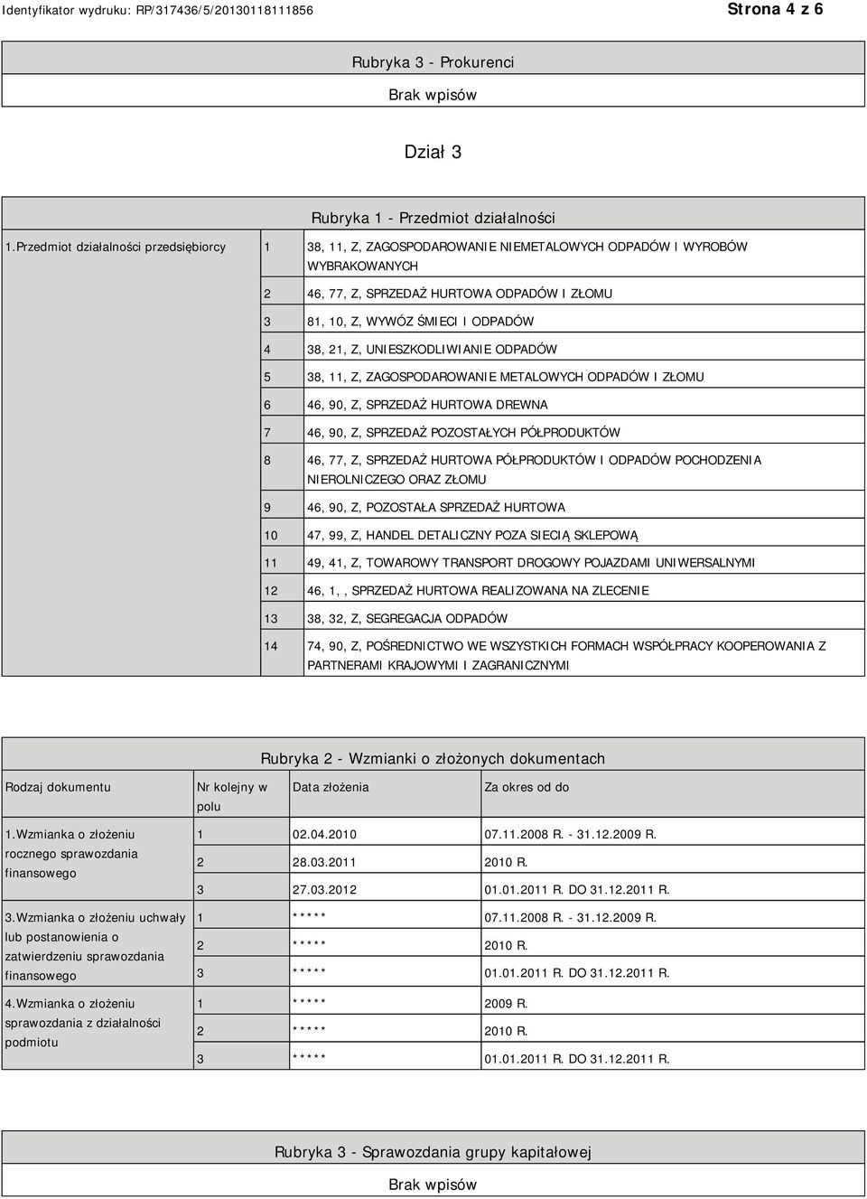 Z, USZKODLIWIA ODPADÓW 5 38, 11, Z, ZAGOSPODAROWA METALOWYCH ODPADÓW I ZŁOMU 6 46, 90, Z, SPRZEDAŻ HURTOWA DREWNA 7 46, 90, Z, SPRZEDAŻ POZOSTAŁYCH PÓŁPRODUKTÓW 8 46, 77, Z, SPRZEDAŻ HURTOWA