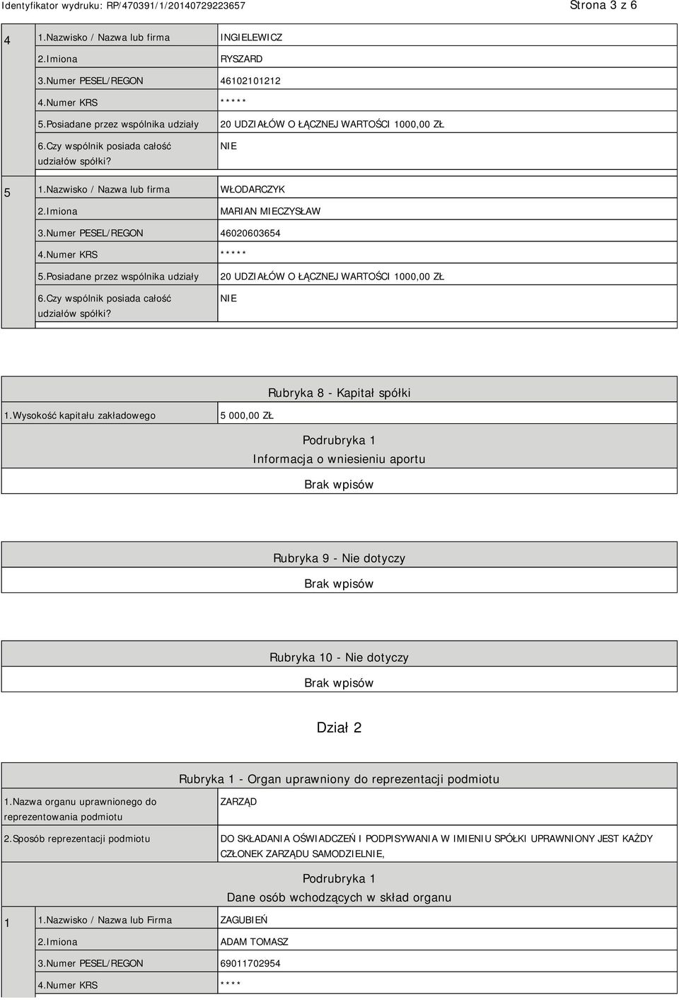 Wysokość kapitału zakładowego 5 000,00 ZŁ Podrubryka 1 Informacja o wniesieniu aportu Rubryka 9 - Nie dotyczy Rubryka 10 - Nie dotyczy Dział 2 Rubryka 1 - Organ uprawniony do reprezentacji