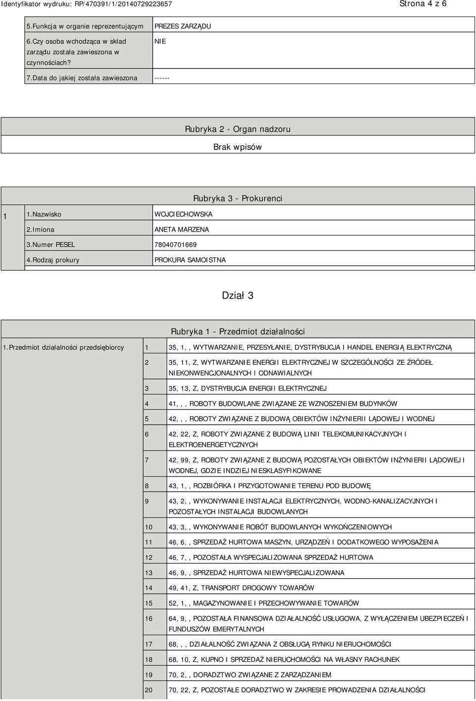 Rodzaj prokury PROKURA SAMOISTNA Dział 3 Rubryka 1 - Przedmiot działalności 1.