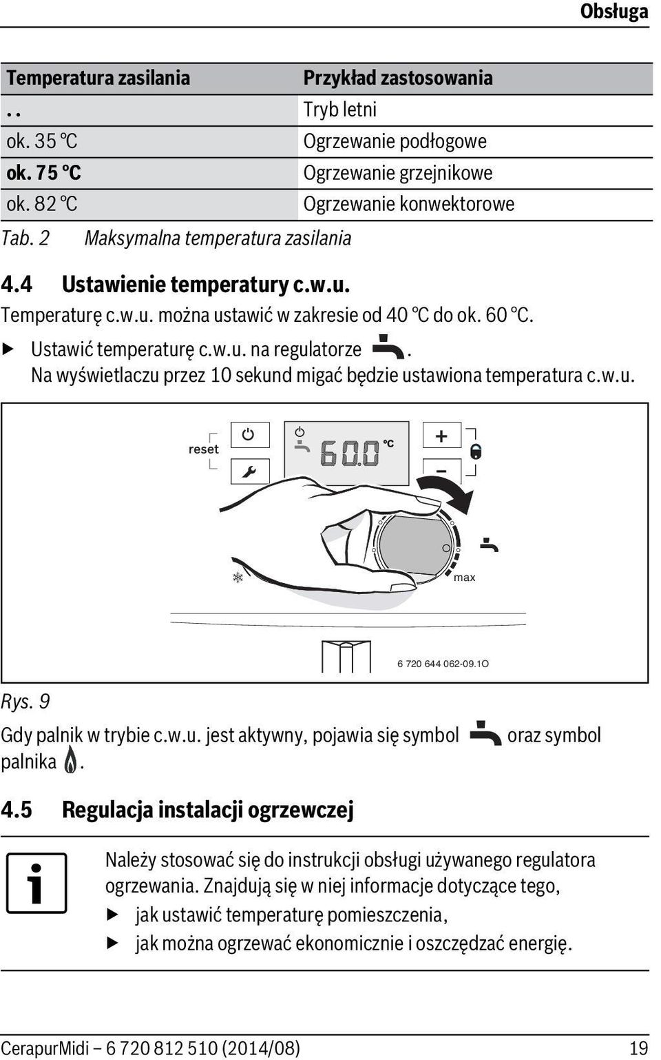 Na wyświetlaczu przez 10 sekund migać będzie ustawiona temperatura c.w.u. max 6 720 644 062-09.1O Rys. 9 Gdy palnik w trybie c.w.u. jest aktywny, pojawia się symbol palnika. oraz symbol 4.